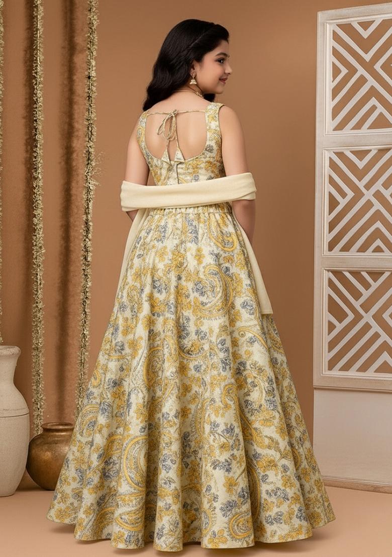 Yellow Crepe Floral Print Lehenga Set For Girls
