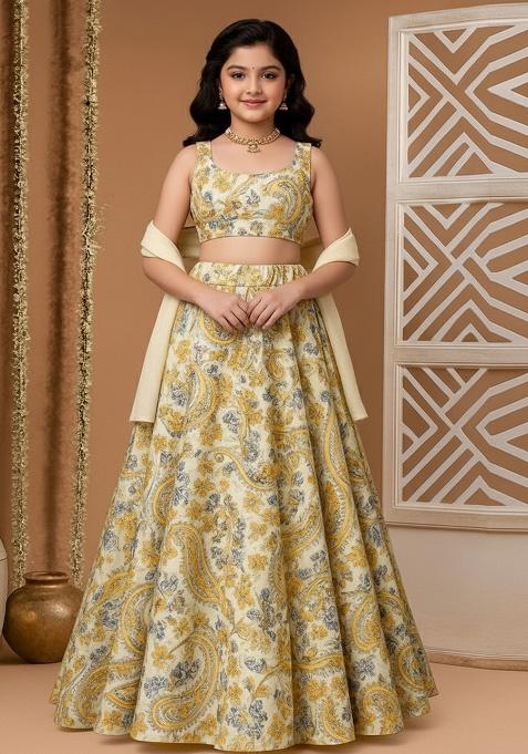 Yellow Crepe Floral Print Lehenga Set For Girls