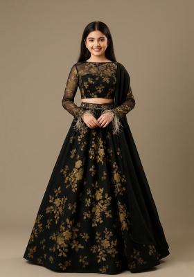 Black Net Embroidered Lehenga Set For Girls