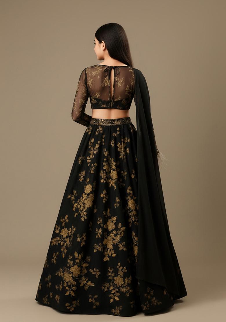 Black Net Embroidered Lehenga Set For Girls