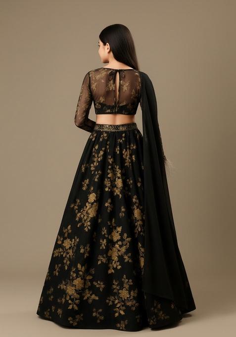 Black Net Embroidered Lehenga Set For Girls