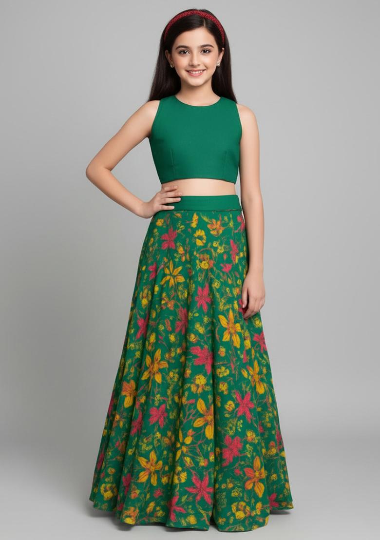 Green Satin Floral Print Lehenga Set For Girls