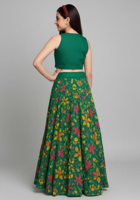 Green Satin Floral Print Lehenga Set For Girls