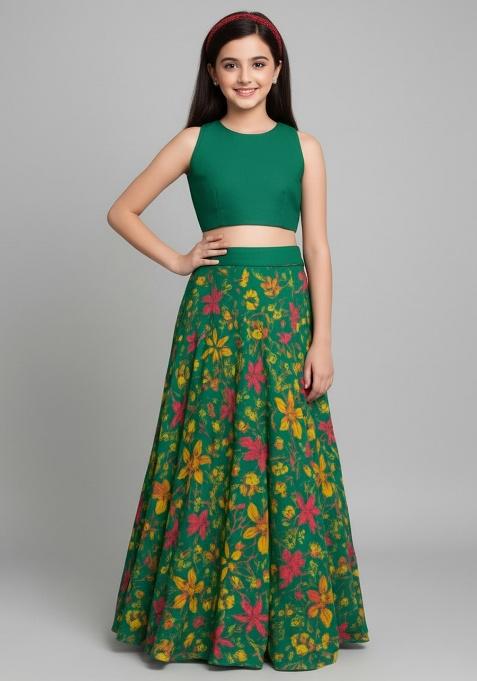 Green Satin Floral Print Lehenga Set For Girls
