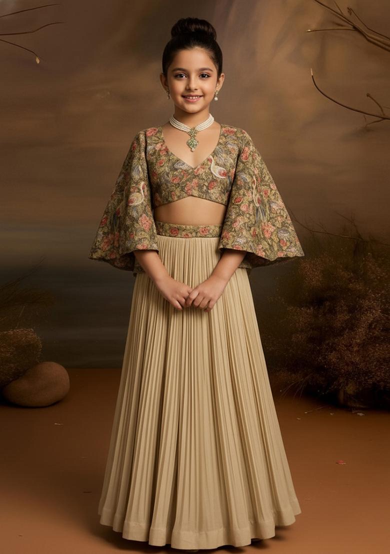 Beige Organza Embroidered Lehenga Set For Girls