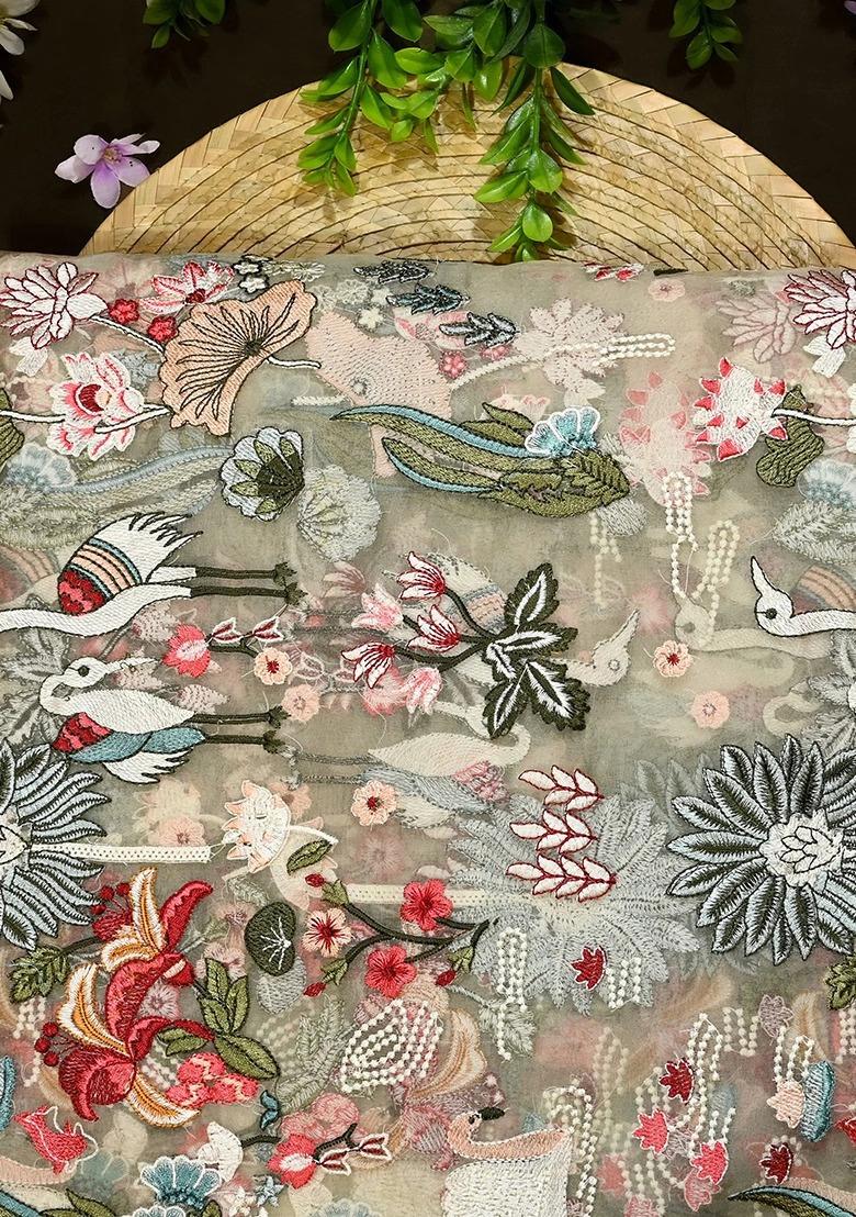 Beige Organza Embroidered Lehenga Set For Girls - Indya