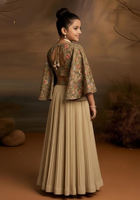 Beige Organza Embroidered Lehenga Set For Girls