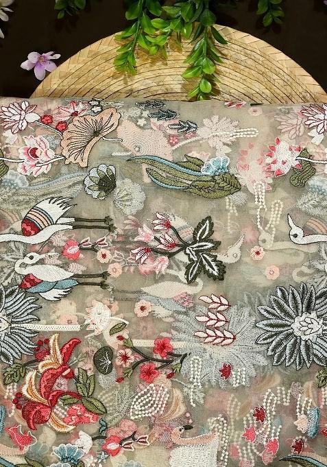 Beige Organza Embroidered Lehenga Set For Girls