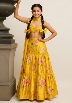 Yellow Satin Floral Print Lehenga Set For Girls