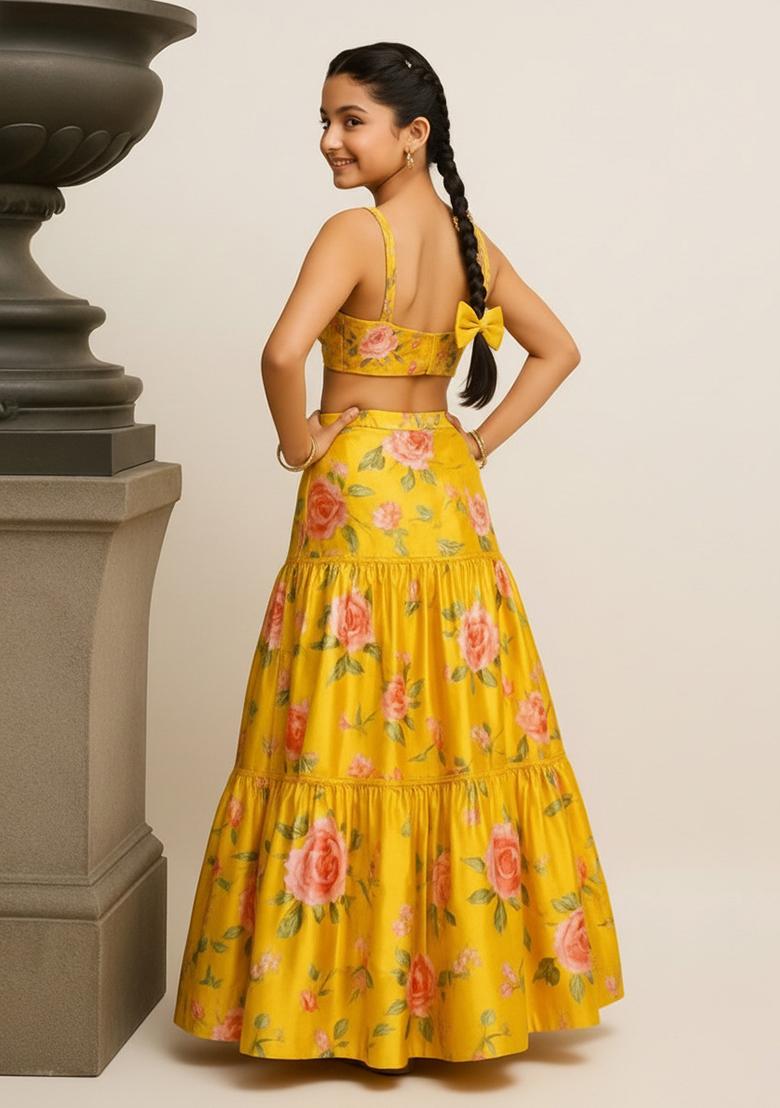 Yellow Satin Floral Print Lehenga Set For Girls