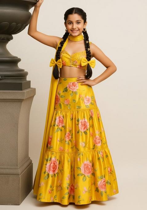 Yellow Satin Floral Print Lehenga Set For Girls