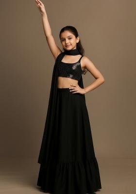 Black Satin Embellished Lehenga Set For Girls