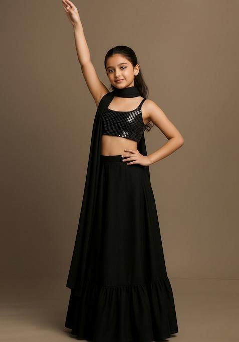 Black Satin Embellished Lehenga Set For Girls