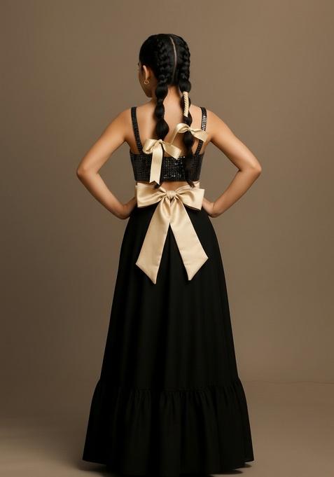 Black Satin Embellished Lehenga Set For Girls