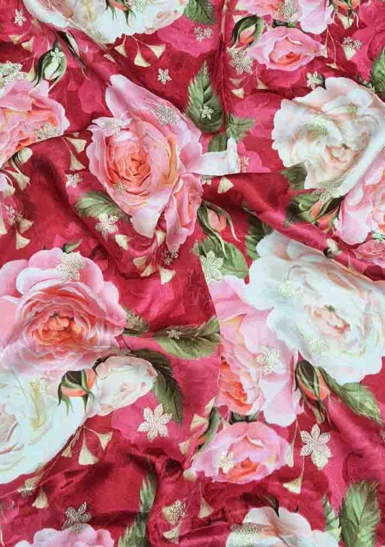 Red Satin Floral Print Lehenga Set For Girls