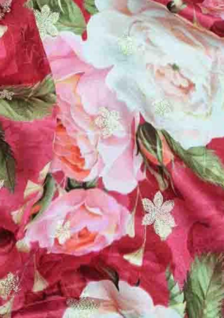 Red Satin Floral Print Lehenga Set For Girls