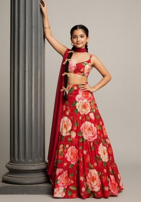 Red Satin Floral Print Lehenga Set For Girls
