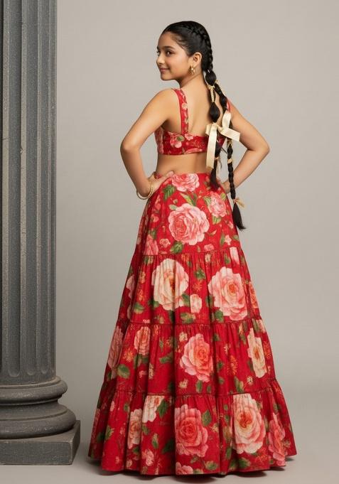 Red Satin Floral Print Lehenga Set For Girls