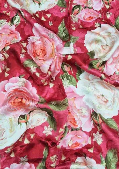 Red Satin Floral Print Lehenga Set For Girls