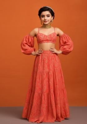 Orange Crepe Floral Print Lehenga Set For Girls