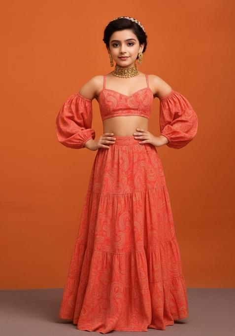 Orange Crepe Floral Print Lehenga Set For Girls