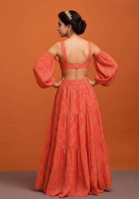 Orange Crepe Floral Print Lehenga Set For Girls