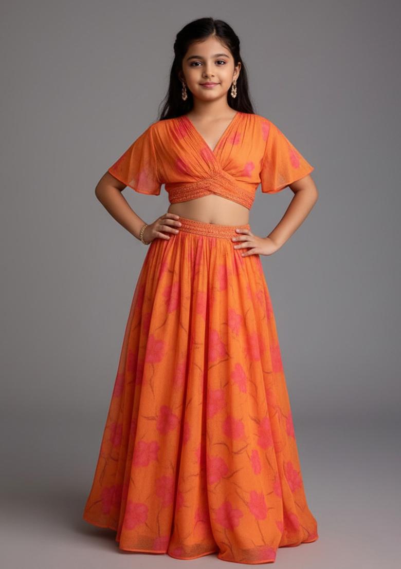 Orange Floral Print Lehenga Set For Girls