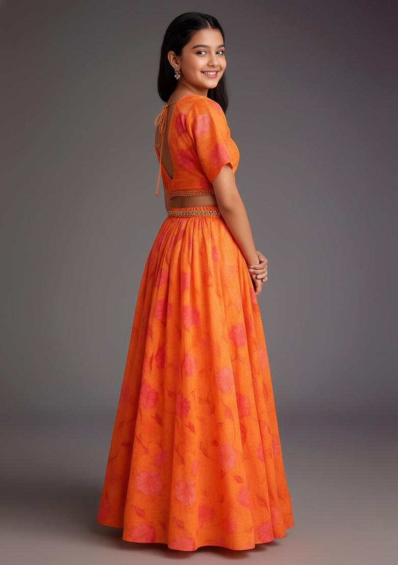 Orange Floral Print Lehenga Set For Girls