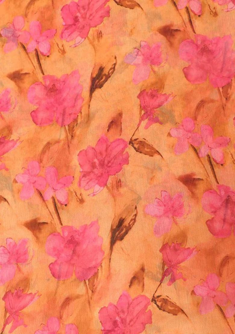 Orange Floral Print Lehenga Set For Girls