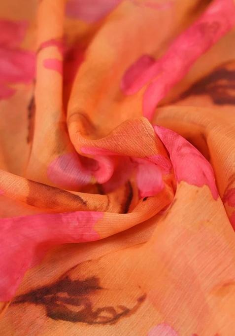 Orange Floral Print Lehenga Set For Girls