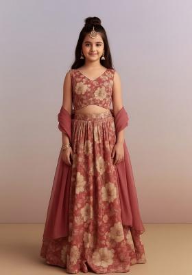 Dusty Pink Pure Cotton Floral Print Lehenga Set For Girls
