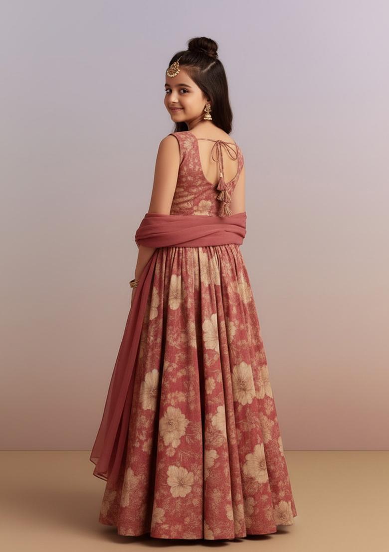 Dusty Pink Pure Cotton Floral Print Lehenga Set For Girls - Indya