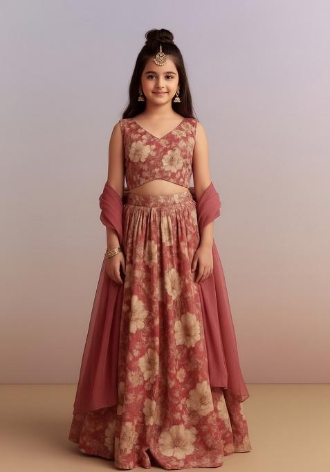 Dusty Pink Pure Cotton Floral Print Lehenga Set For Girls