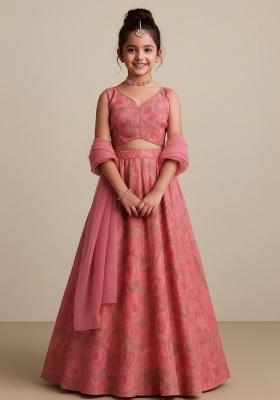 Pink Organza Floral Print Lehenga Set For Girls