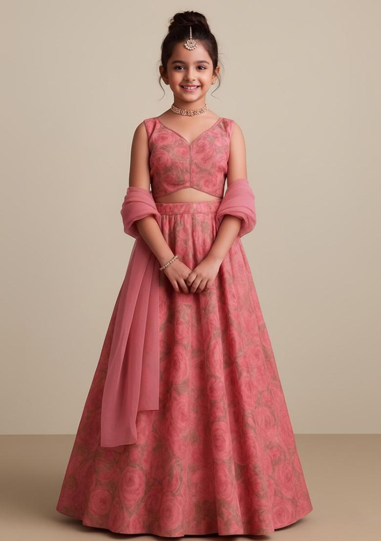 Pink Organza Floral Print Lehenga Set For Girls