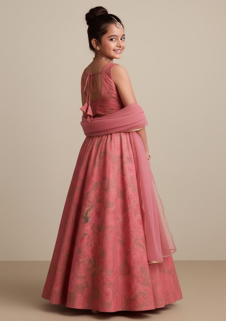 Pink Organza Floral Print Lehenga Set For Girls - Indya