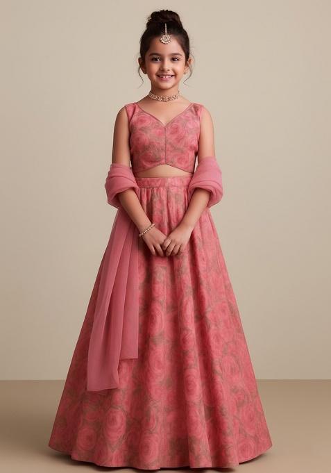 Pink Organza Floral Print Lehenga Set For Girls