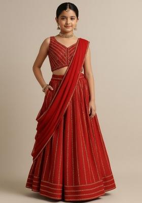 Red Silk Embroidered Lehenga Set For Girls
