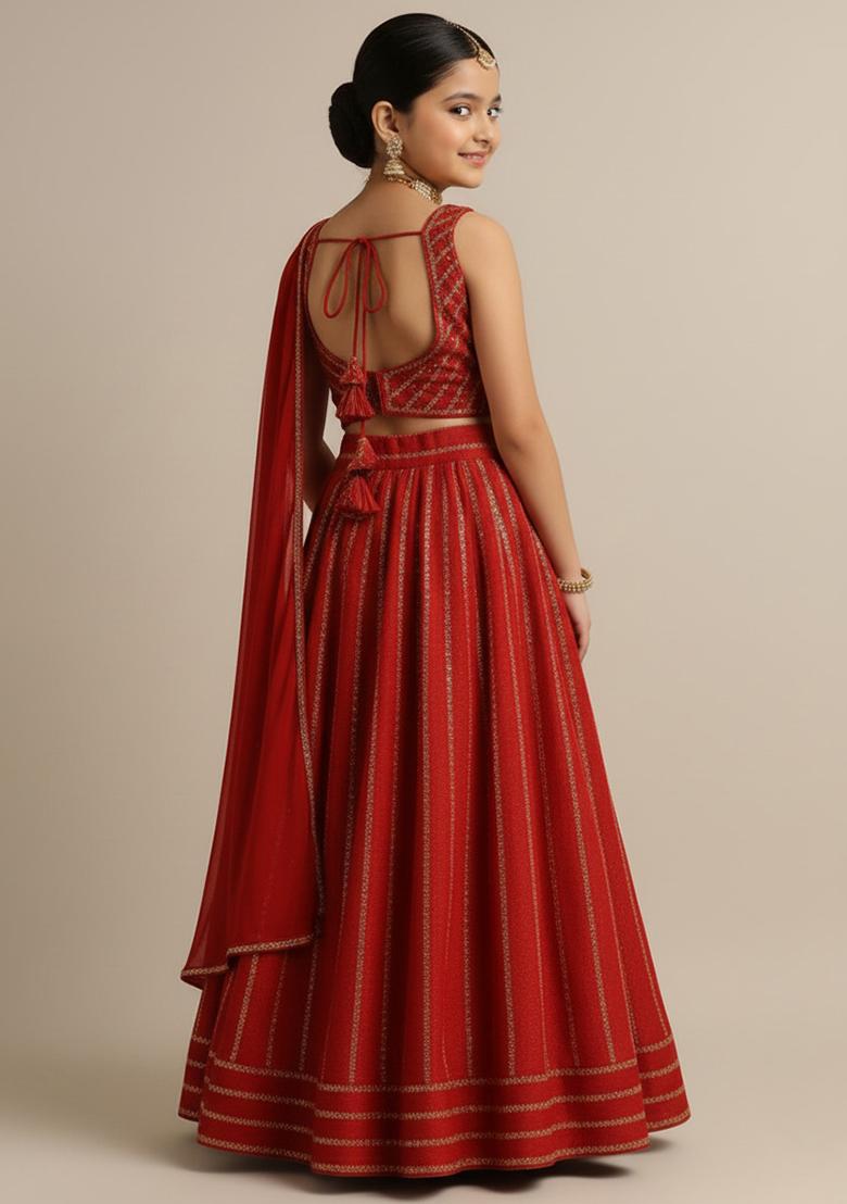 Red Silk Embroidered Lehenga Set For Girls