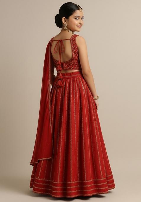 Red Silk Embroidered Lehenga Set For Girls