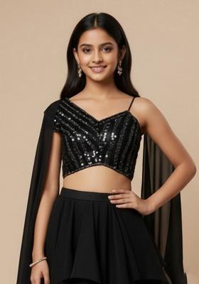 Black Georgette Sequin Lehenga Set For Girls