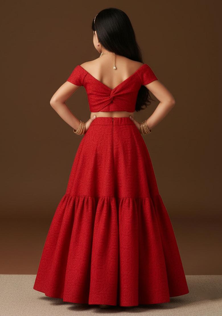 Red Viscose Crape Embellished Lehenga Set For Girls