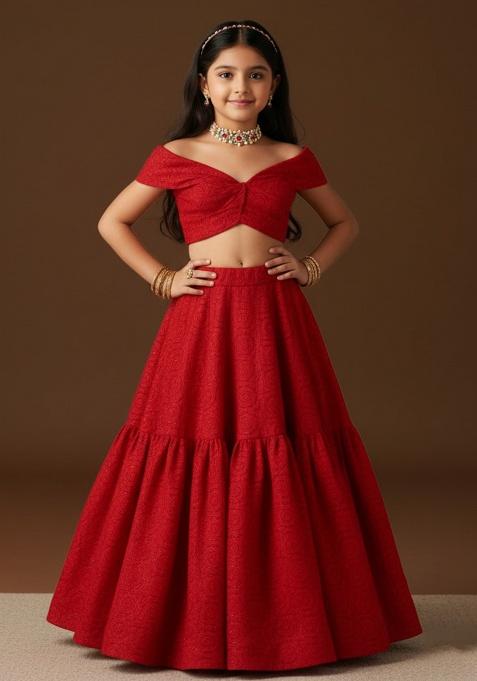 Red Viscose Crape Embellished Lehenga Set For Girls