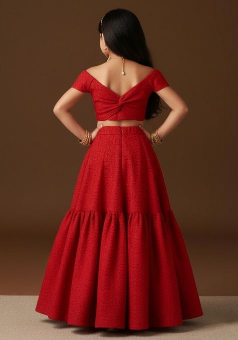 Red Viscose Crape Embellished Lehenga Set For Girls