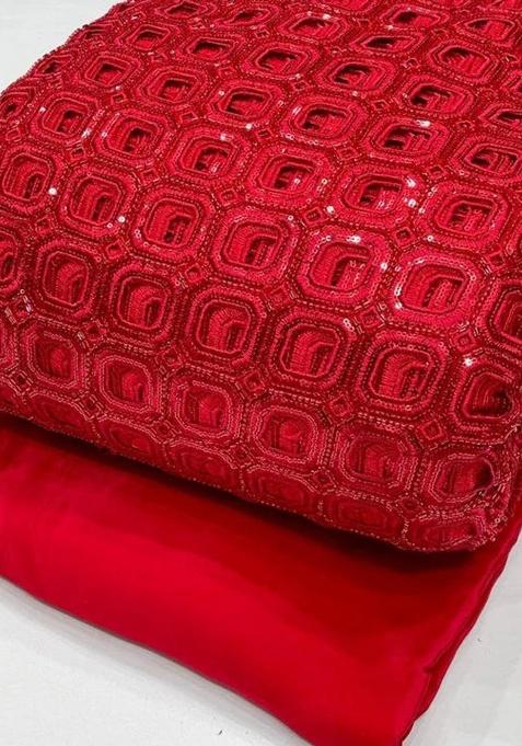 Red Viscose Crape Embellished Lehenga Set For Girls