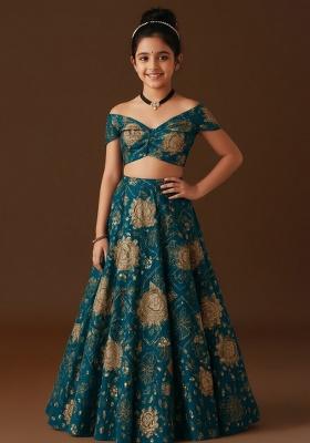 Turquoise Satin Embroidered Lehenga Set For Girls