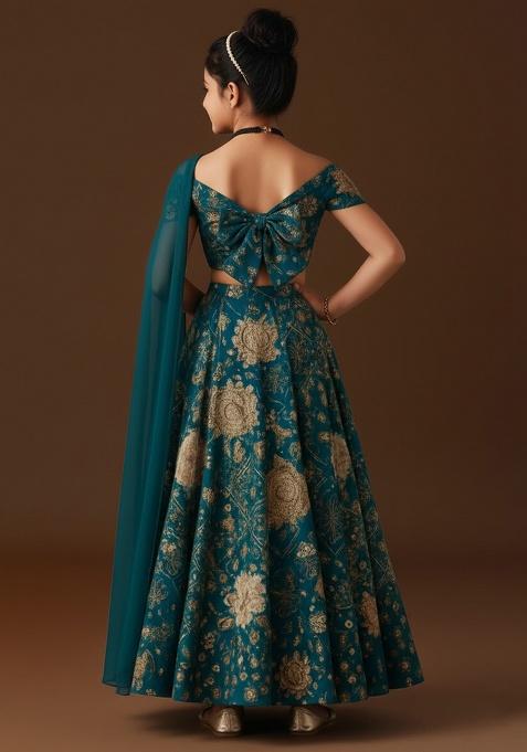 Turquoise Satin Embroidered Lehenga Set For Girls