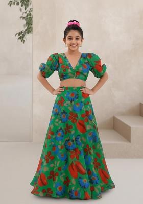 Green Chinon Floral Print Fusion Set For Girls