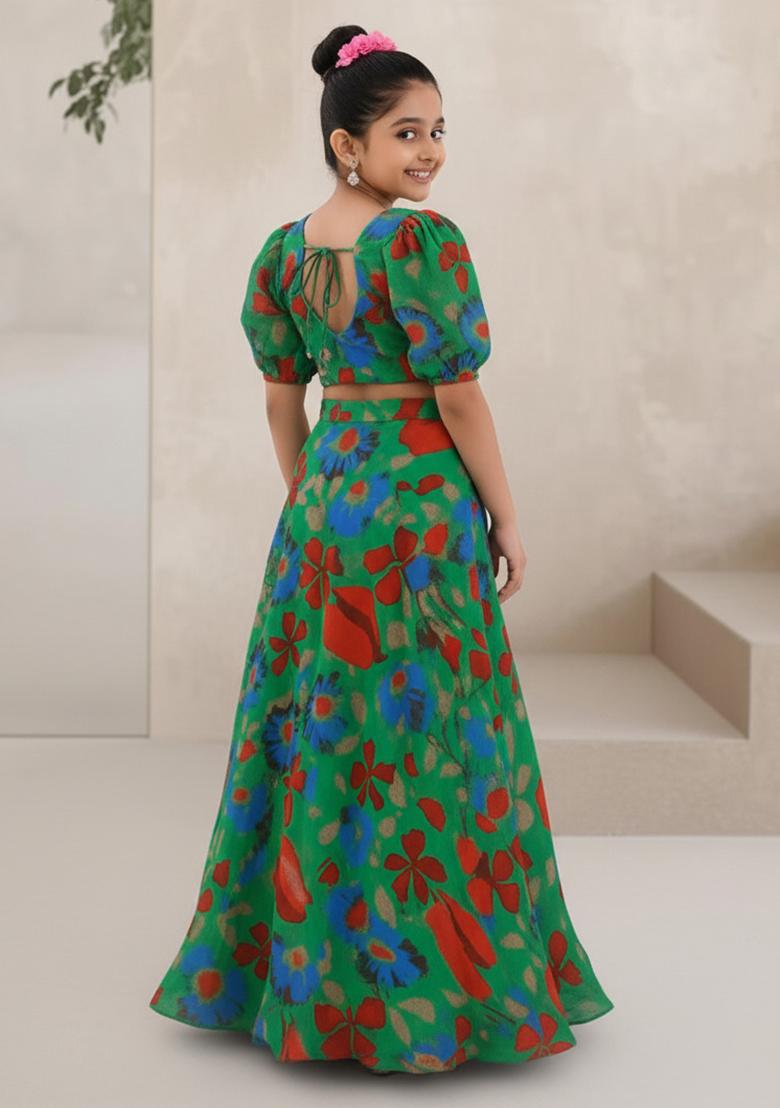 Green Chinon Floral Print Fusion Set For Girls - Indya