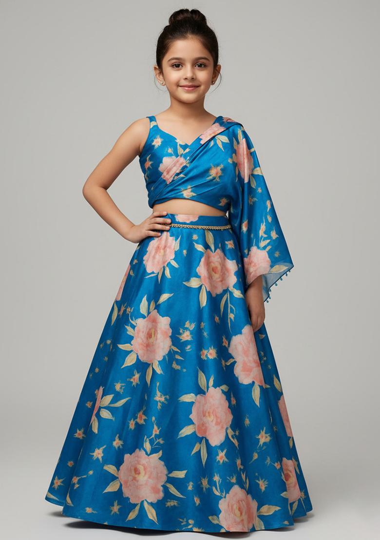 Blue Satin Floral Print Fusion Set For Girls - Indya